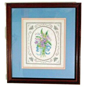 Needlepoint Framed Matted Floral‎ Flowers Purple Blue